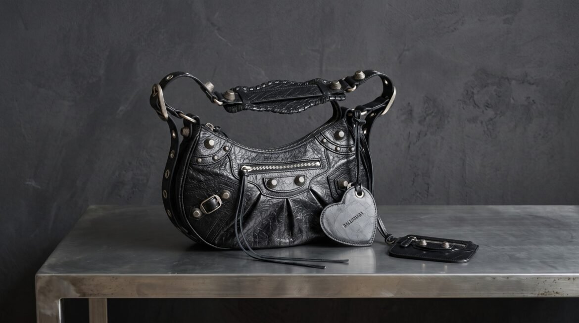 Black Balenciaga Le Cagole XS shoulder bag with silver-tone studs, a heart-shaped mirror, and a detachable zip pouch on a steel console.