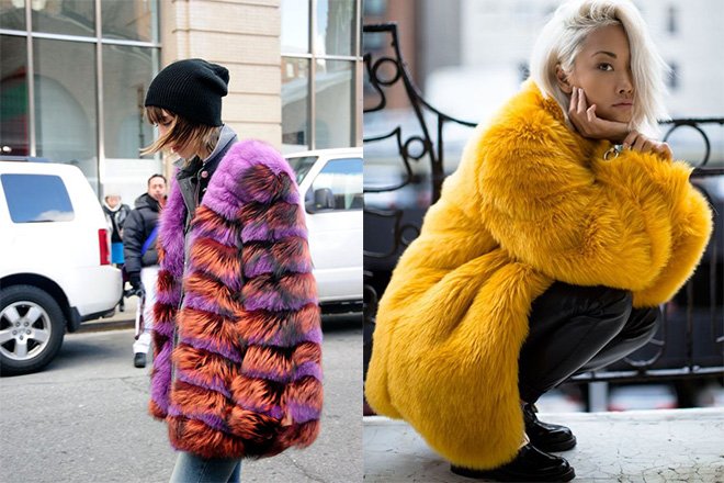 Two people wearing colorful fur coats