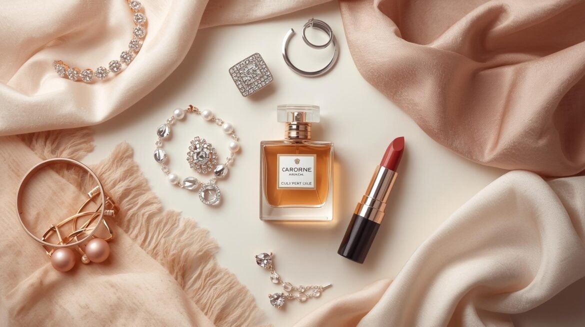 Chic accessories and cosmetics arranged as a luxury gift for her.
