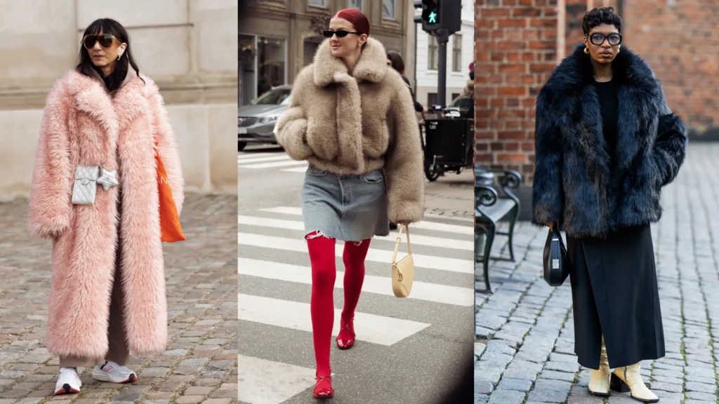 Three women in stylish fur coats.