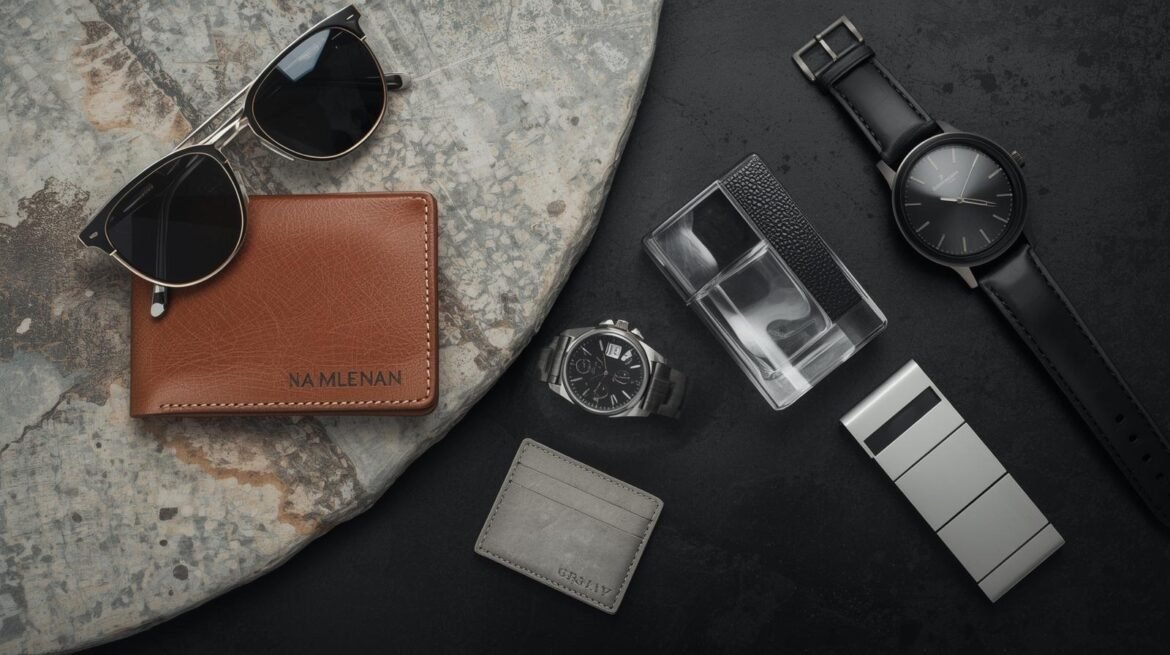 Flatlay of sunglasses, watches, wallets, and cologne styled as a luxury gifts for a man.