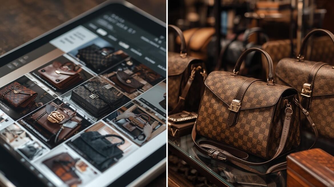 Luxury handbags displayed on digital interface.