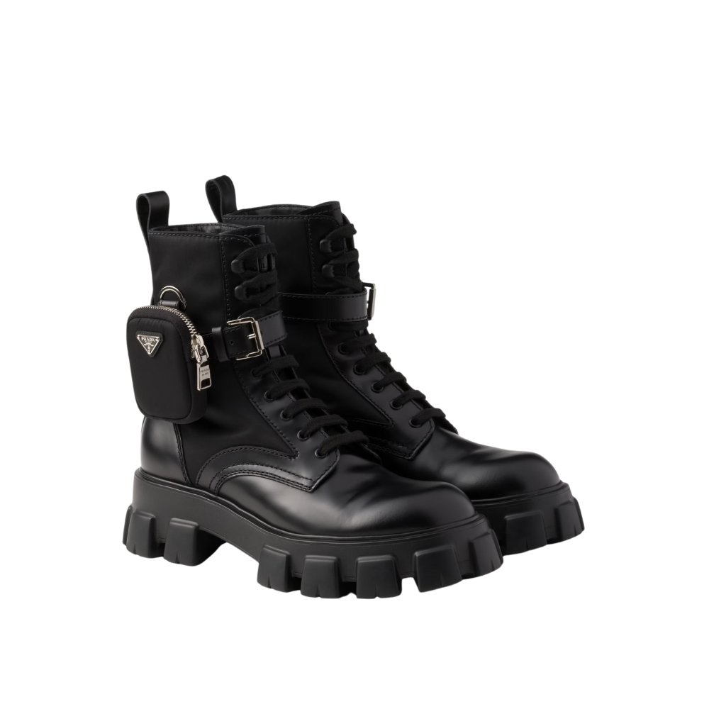 Prada Monolith Brushed Leather and Re-nylon Boots With Pouch