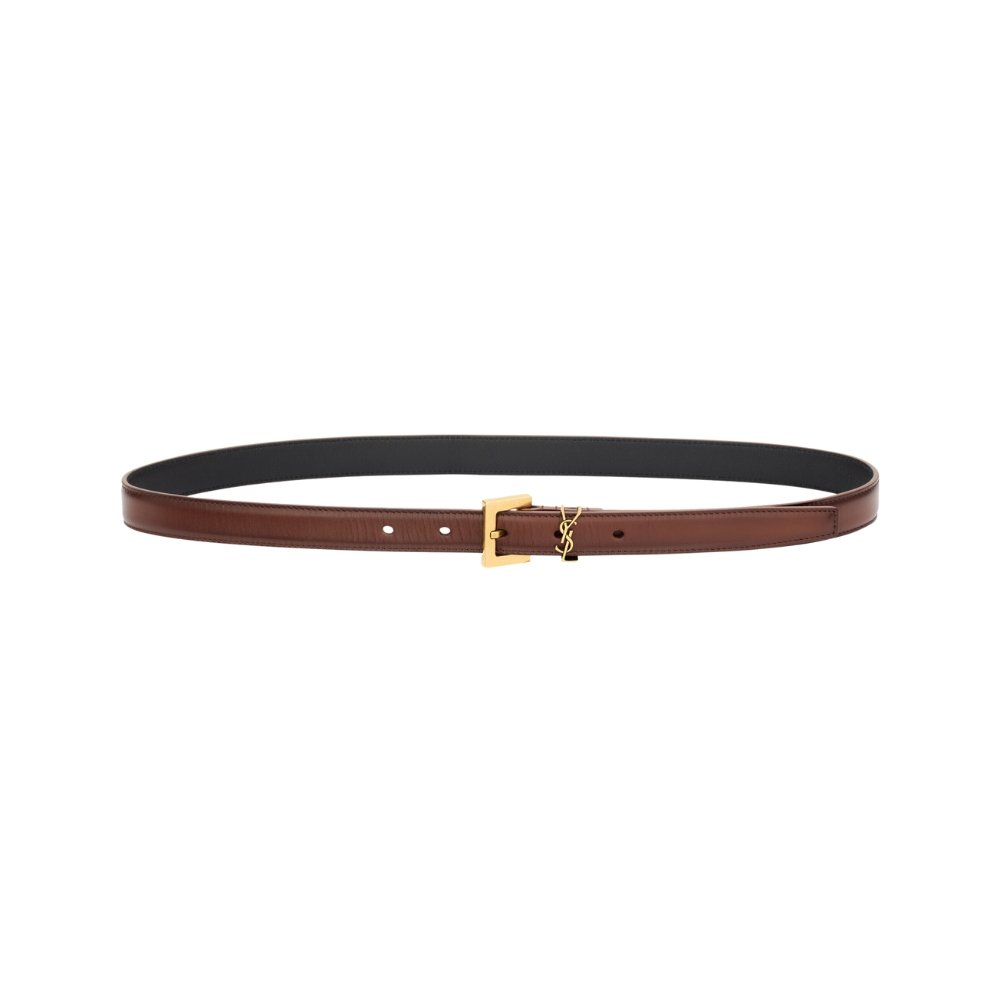 YSL Cassandre Thin Belt in Aged Leather