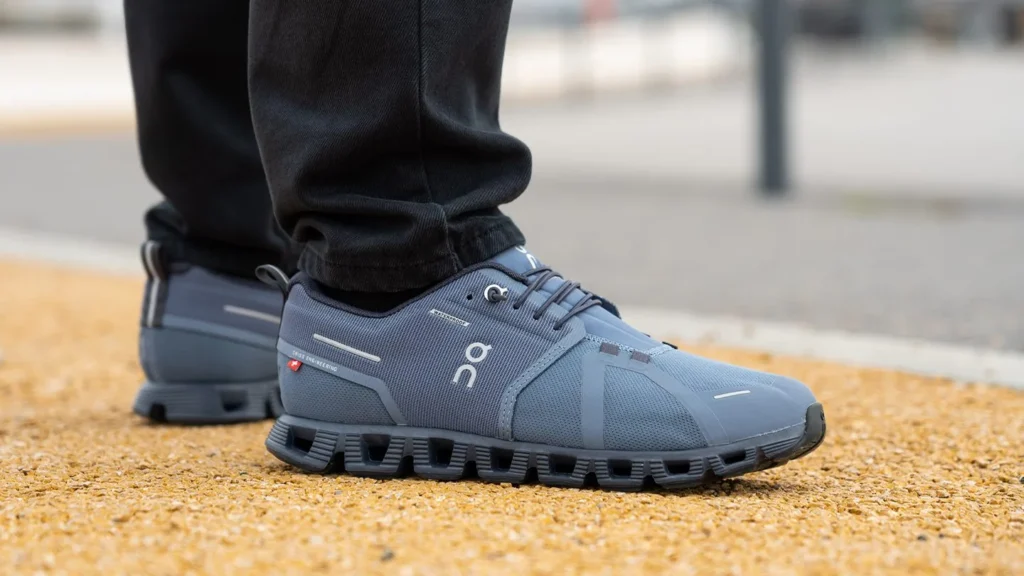 Stylish gray waterproof walking shoes.