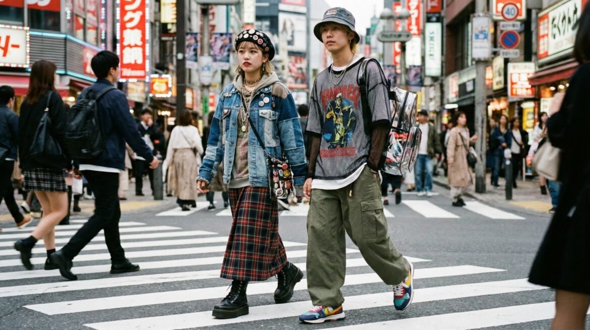 Trendy fashion in bustling city street.