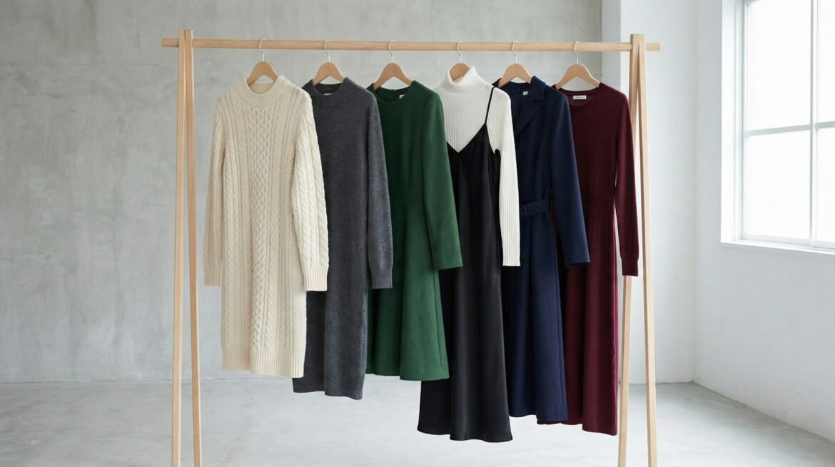 A minimalist editorial image featuring six winter dress for women on a rack