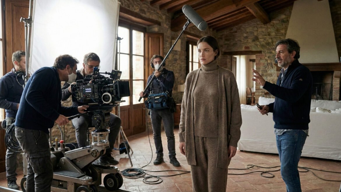 Film crew working in rustic setting.