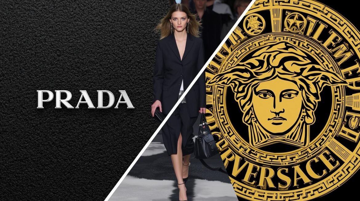 Prada and Versace fashion contrast showcased.