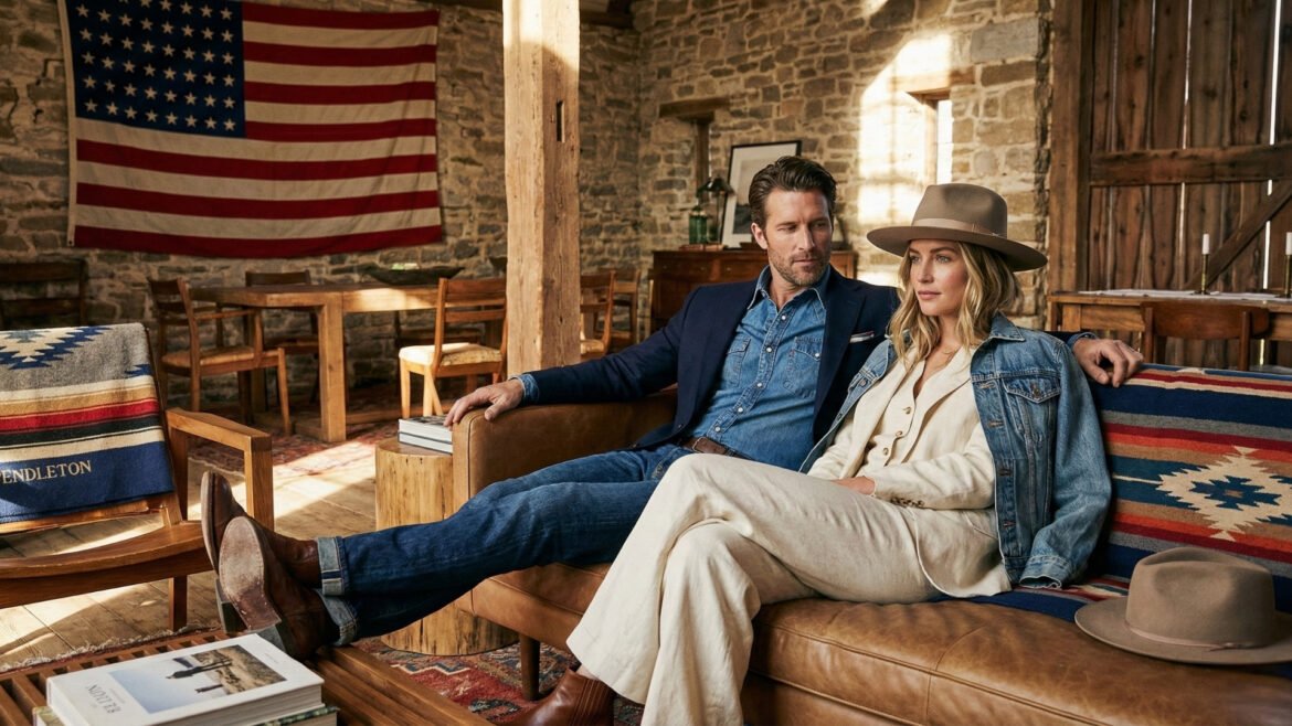 Modern American couple relaxing in denim outfits inside a rustic country living room.