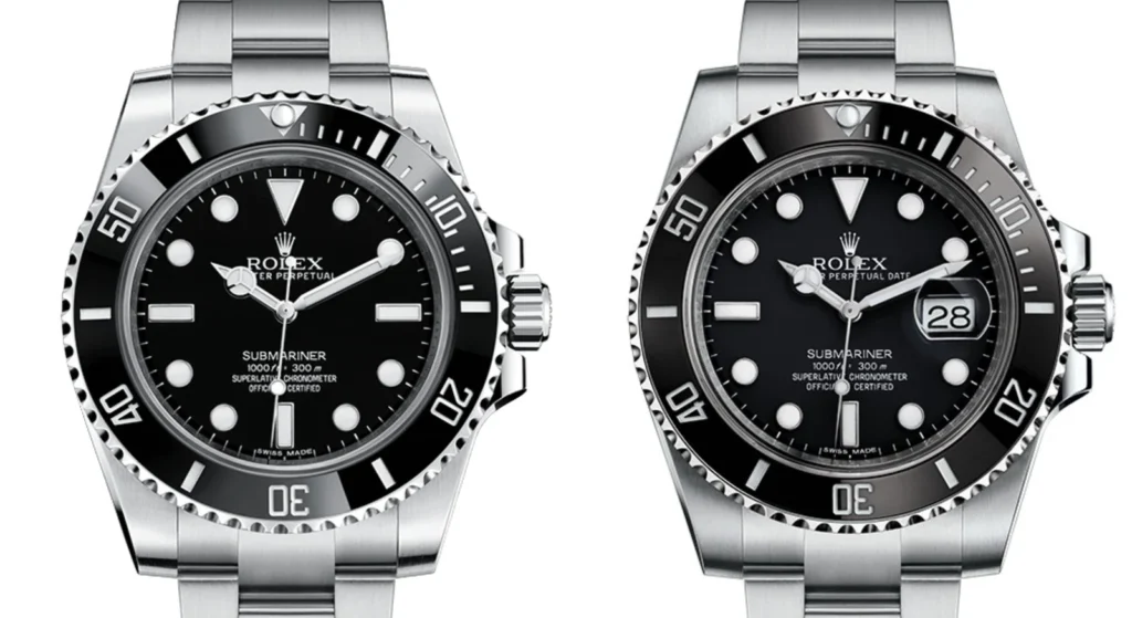 Rolex Submariner comparison showing no-date and date models with black dial, rotating bezel, and stainless steel bracelet.