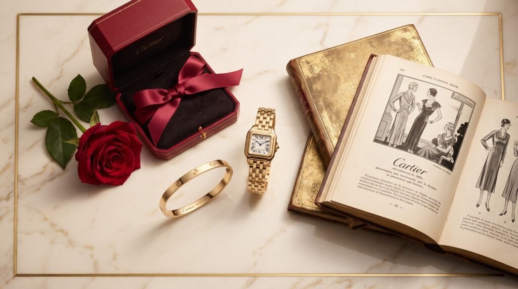 Cartier Love bracelet, Panthère de Cartier watch, red jewellery box, silk ribbon, and rose in an elegant Parisian luxury flat lay.