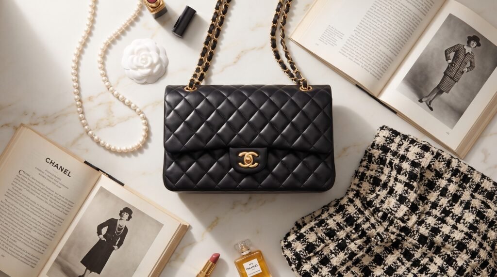 Black Chanel Classic Flap bag with pearls, white camellia, tweed fabric, and a fashion book in an elegant Parisian luxury flat lay.