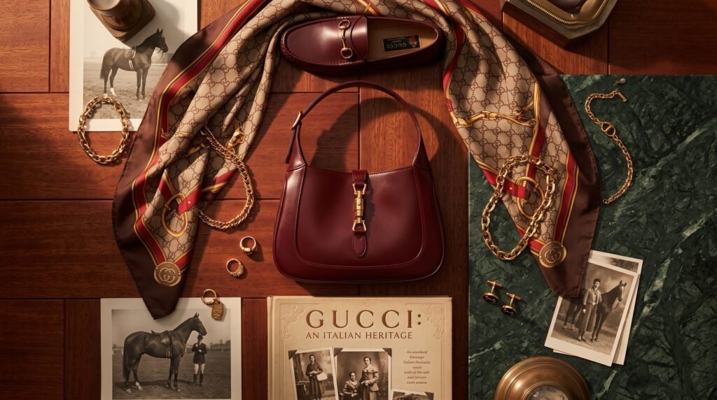 Gucci Jackie 1961 bag, Horsebit loafer, silk monogram scarf, and gold accessories in a luxurious Italian-inspired editorial flat lay.