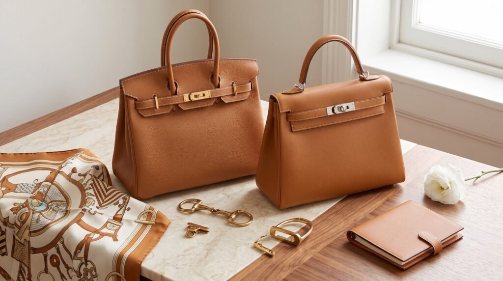 Hermès Birkin bag with silk carrée, equestrian-inspired details, leather notebook, and white flower in a warm luxury editorial flat lay.