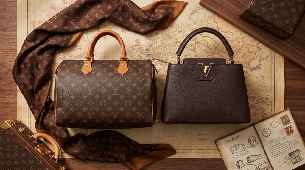 Louis Vuitton Speedy bag with a Monogram silk scarf, heritage trunk detail, gold hardware, and travel journal in a refined luxury flat lay.