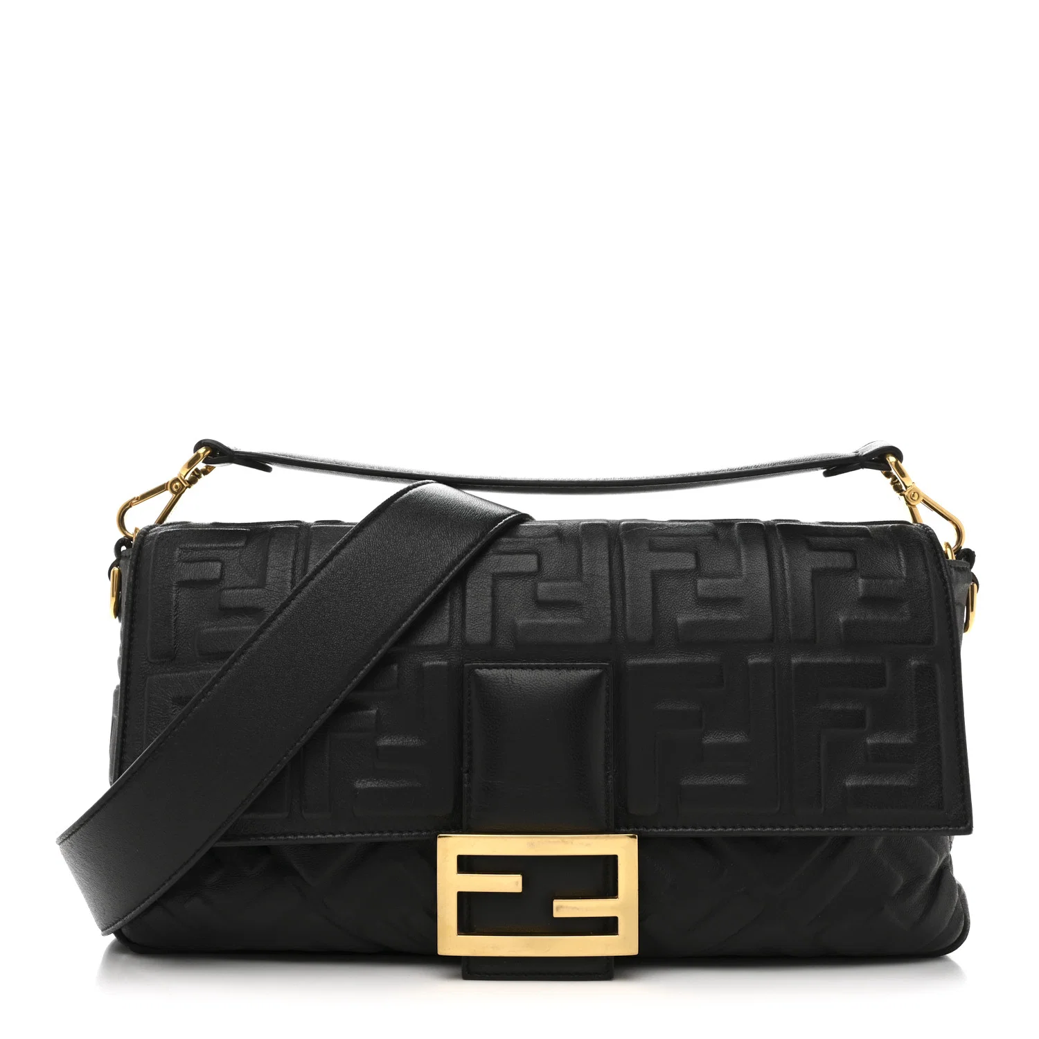 Black Fendi Baguette bag in FF-embossed nappa leather with gold hardware.