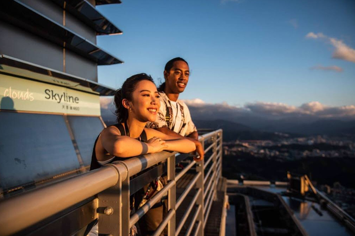 Visitors experiencing the Skyline460 outdoor platform at Taipei 101.