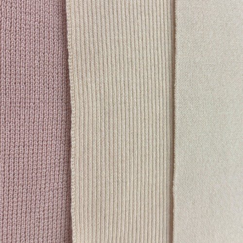 Cashmere wool swatches in waffle, ribbed and smooth knit structures