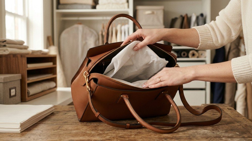 Brown leather handbag stored with soft stuffing inside a fabric dust bag.