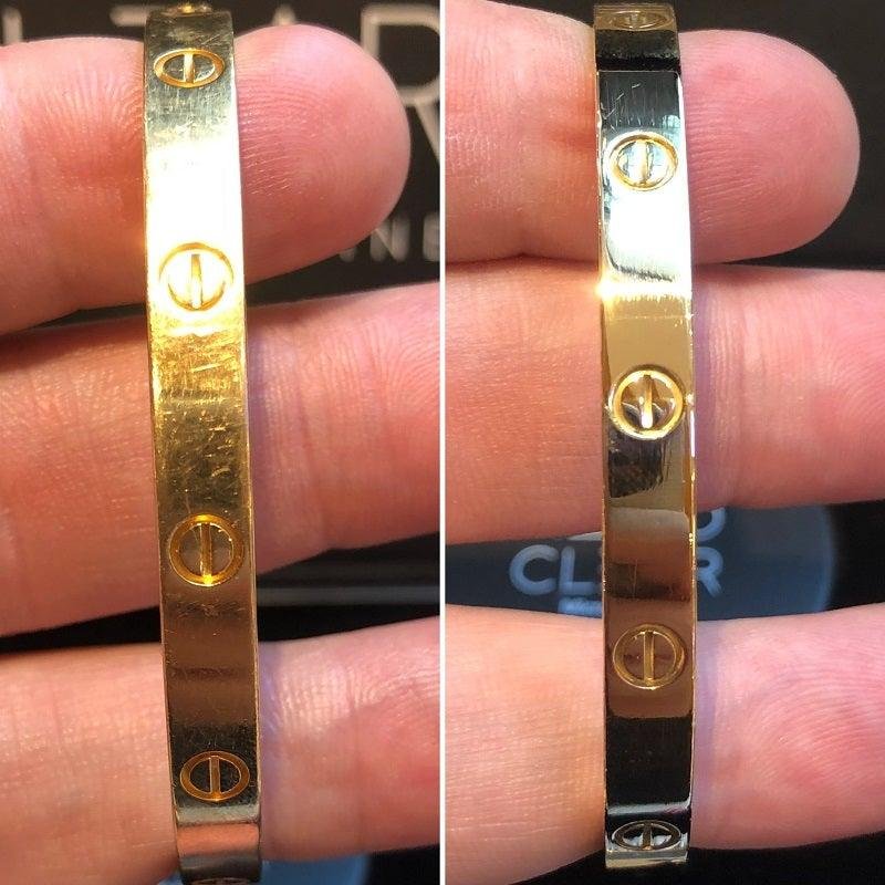 Close comparison of a scratched and polished Cartier Love Bracelet.