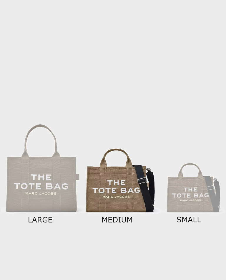 Several Marc Jacobs The Tote Bags arranged together to compare their proportions.
