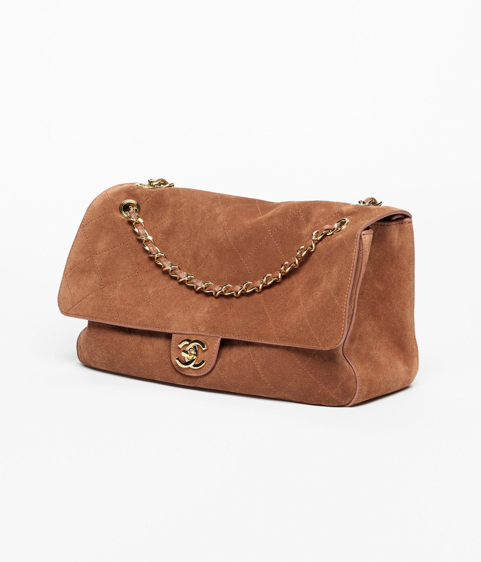 Camel suede Chanel Maxi Flap Bag shown from another angle