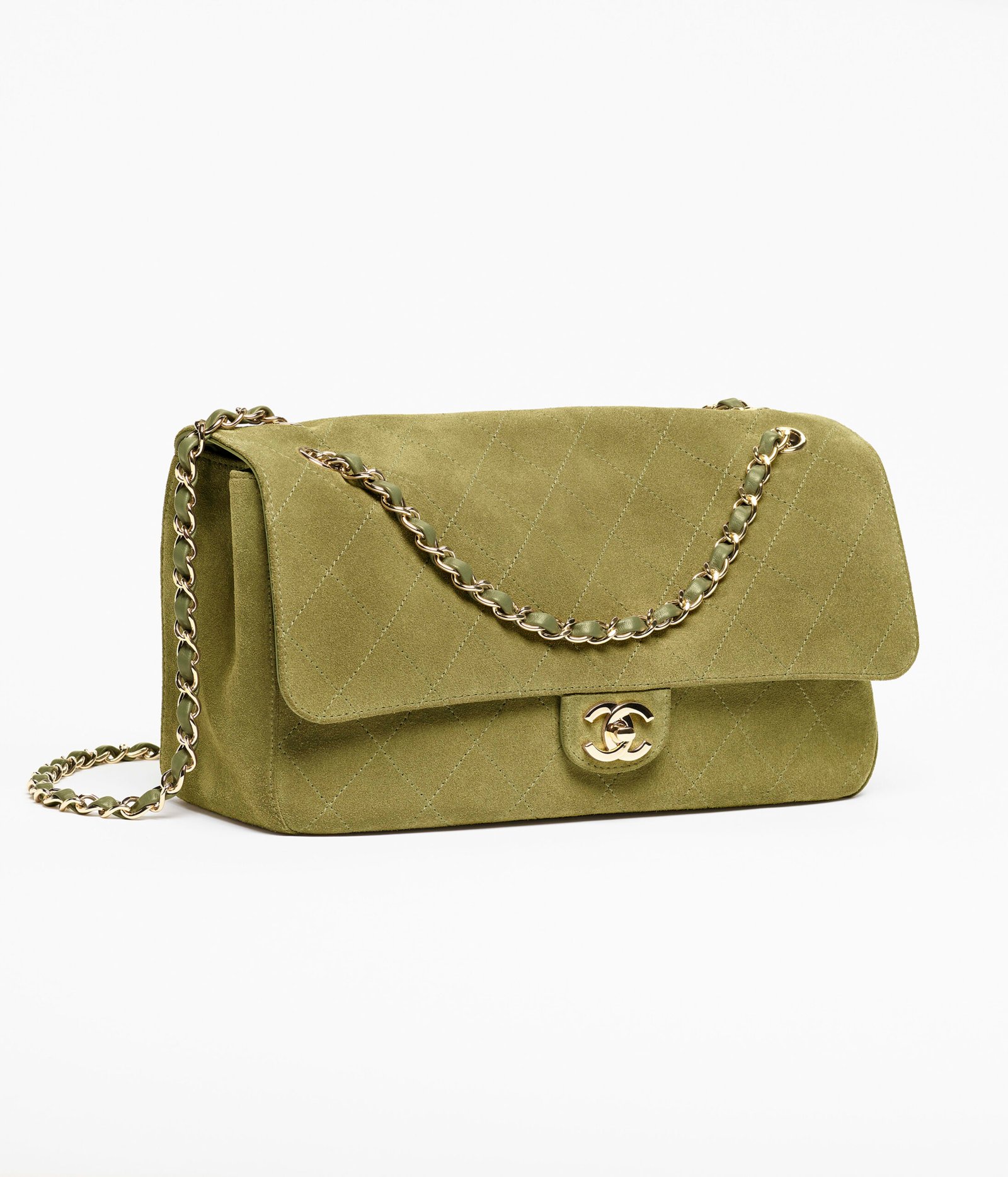 Close view of khaki suede on Chanel Maxi Flap Bag