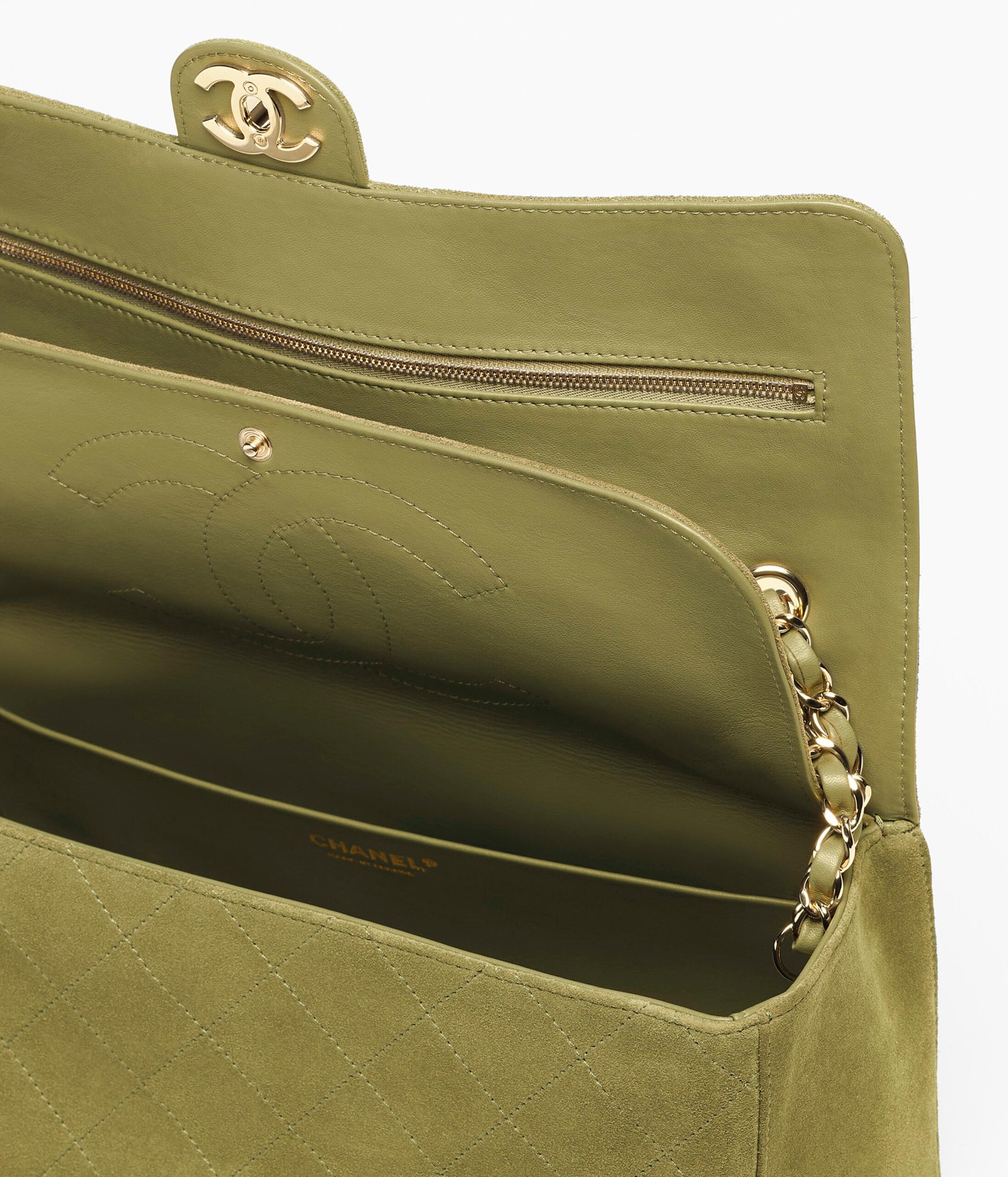 Khaki suede Chanel Maxi Flap Bag showing its soft finish