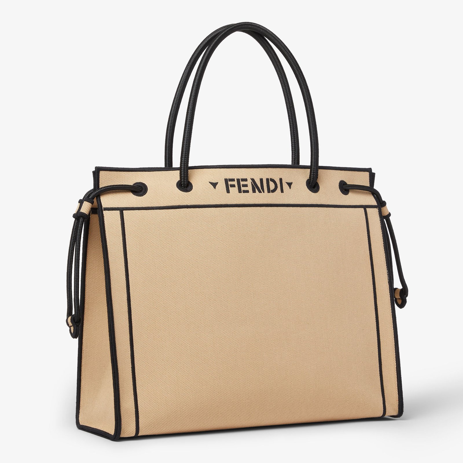 Beige embroidered Fendi Magic Shopper Large shown from an angle.