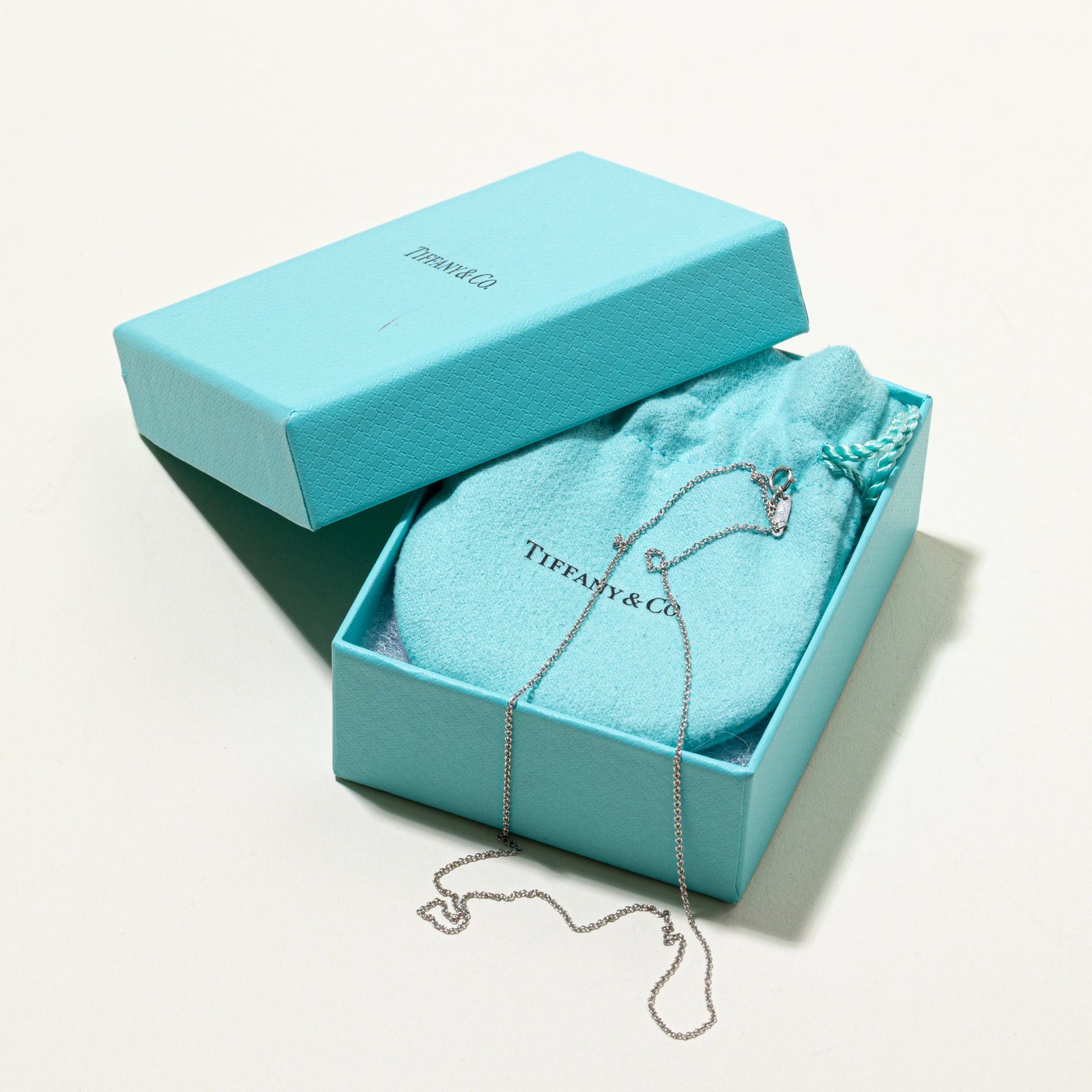 Tiffany necklace stored with a Tiffany Blue box and protective pouch.