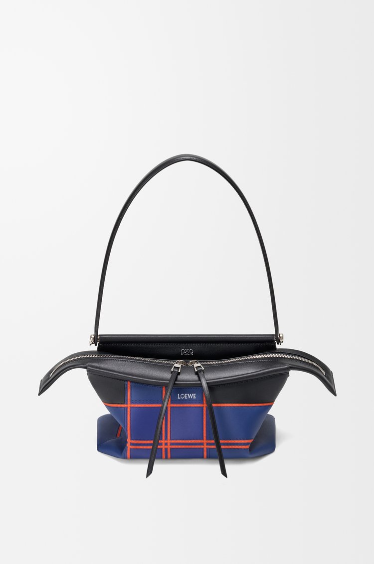 Black and multicolour Loewe Small Whisker Bag in check intarsio on a clean background