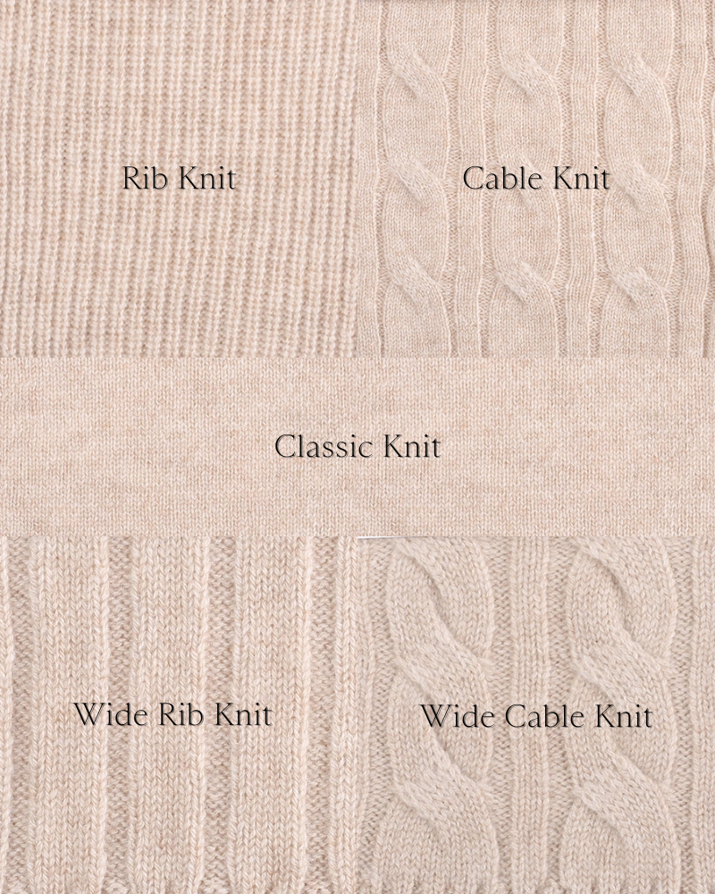 Close-up comparison of rib, cable, classic and wide-knit sweater structures