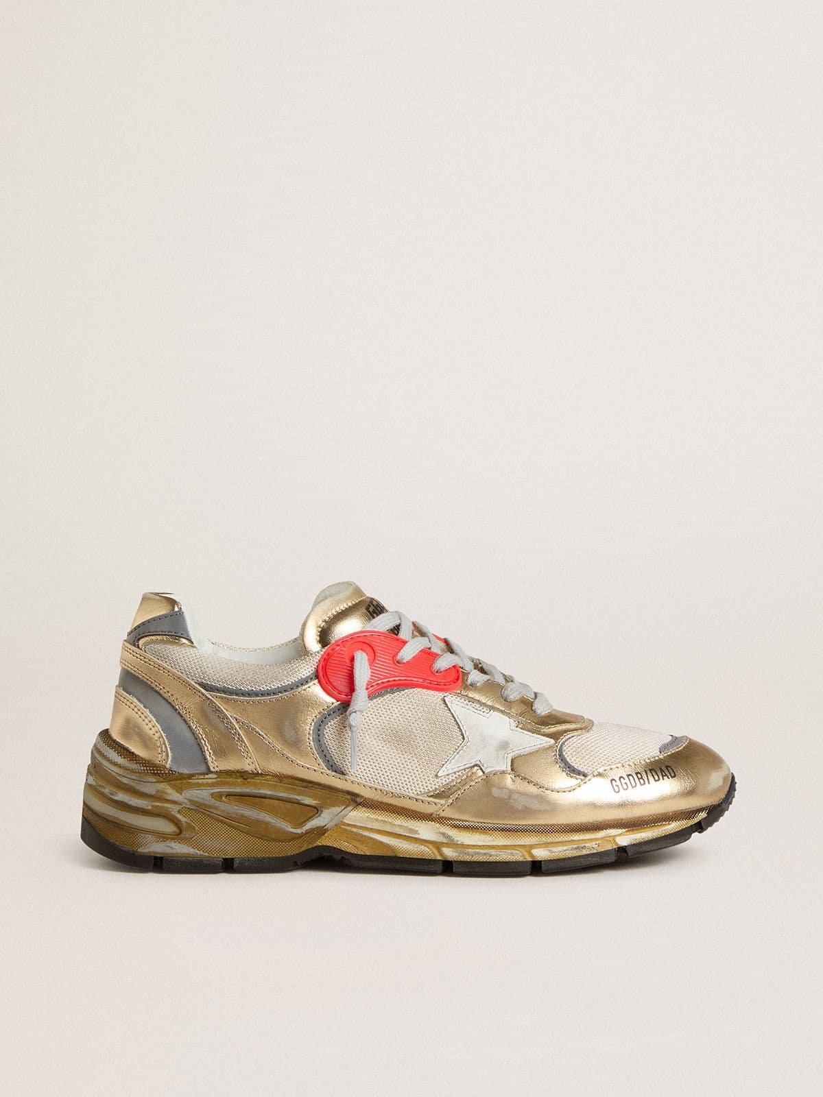 Golden Goose Women’s Dad-Star sneakers in white mesh and gold foiled leather