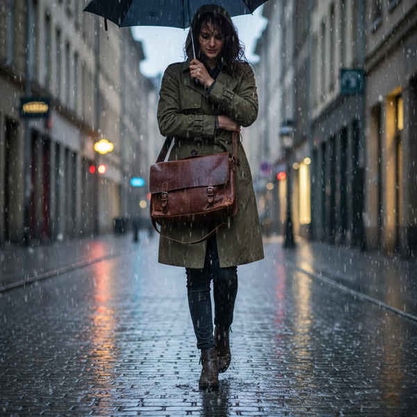 Woman caring for a black designer handbag beside organised handbag shelves.