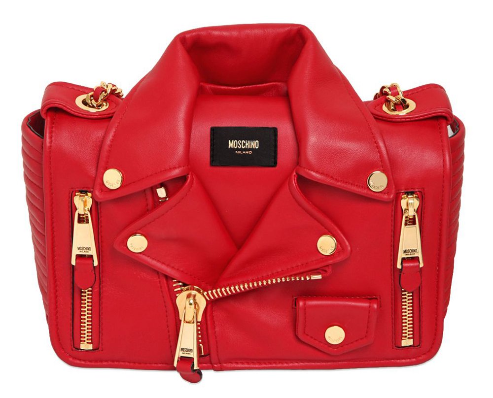 Red Moschino Biker Jacket shoulder bag showing its compact rectangular proportions.