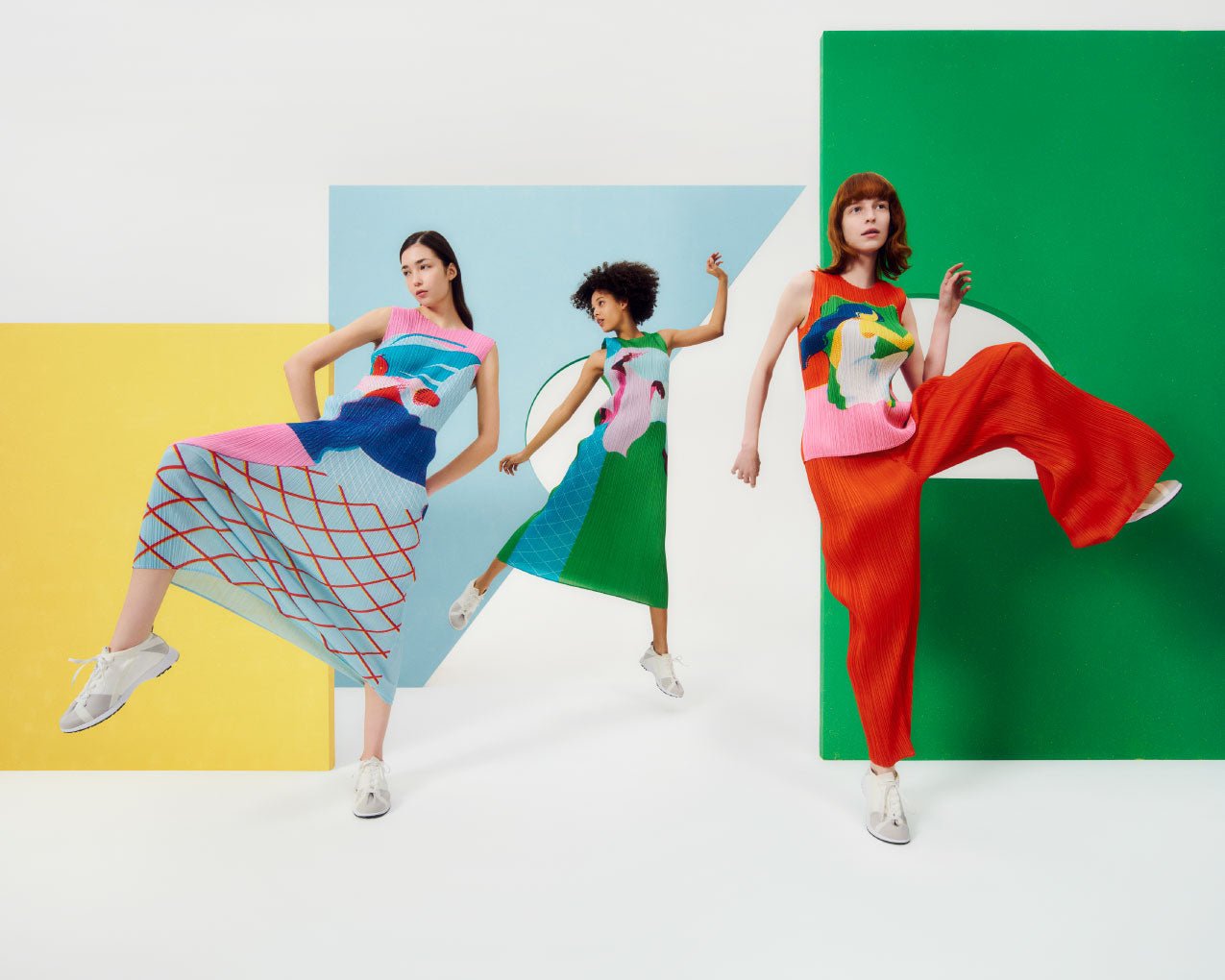 Pleats Please tops, trousers and dresses from different collections