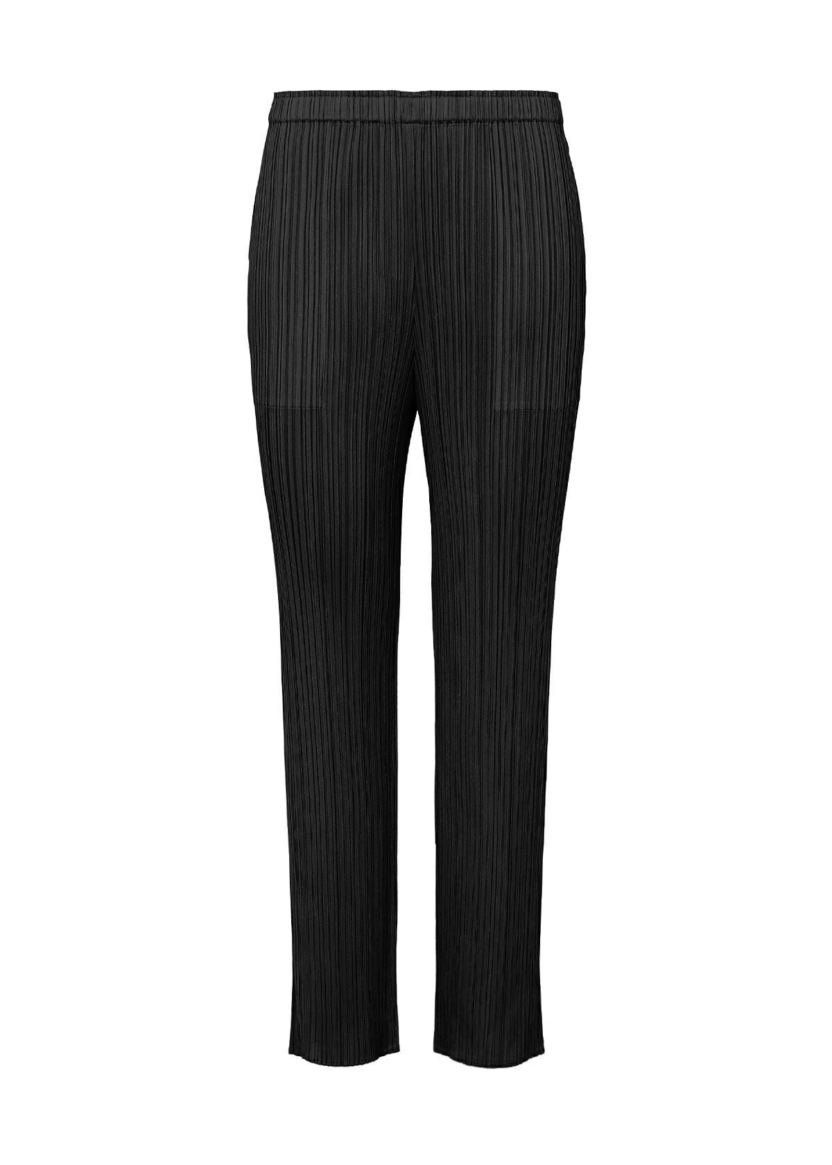 Black Pleats Please Issey Miyake Basics straight pants on a clean background