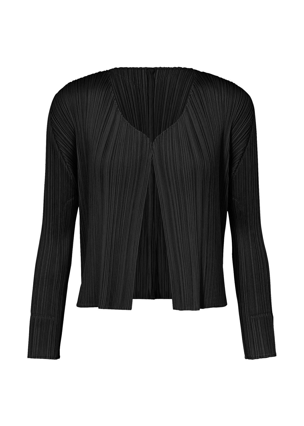 Black Pleats Please Issey Miyake Basics cardigan on a clean background