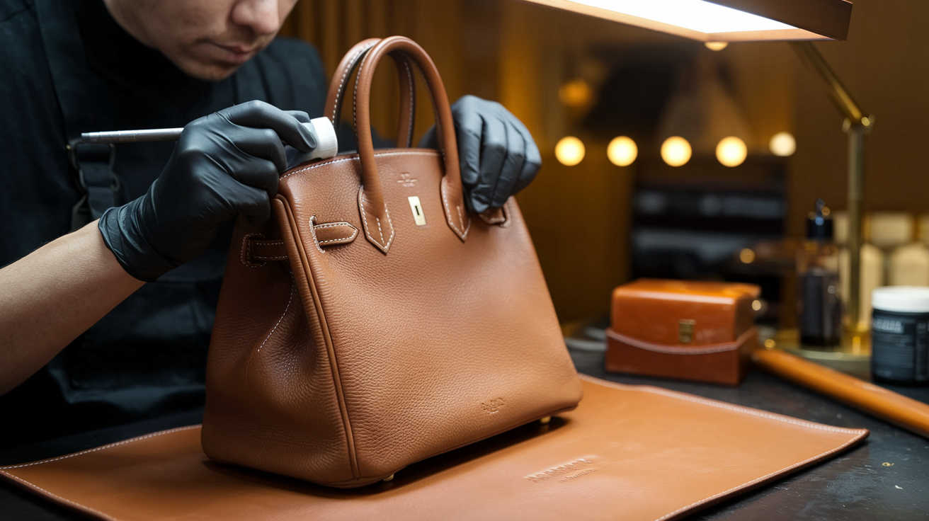 Hands carefully conditioning a dark brown leather handbag with a soft cloth.