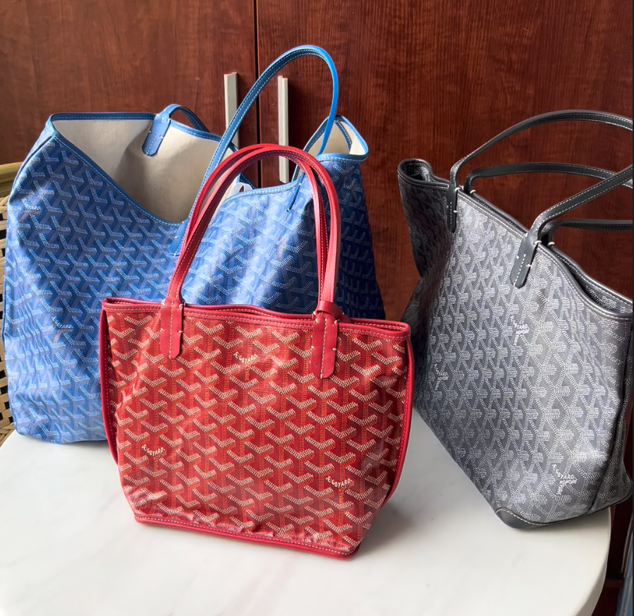 Goyard Saint Louis, Artois, Anjou and Saïgon bags displayed on a neutral background.