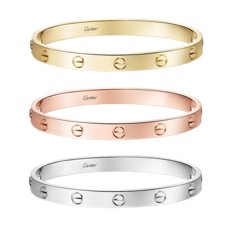 Cartier Love Bracelets in yellow, rose and white gold.