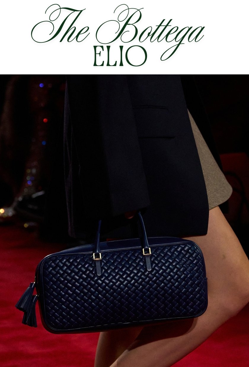 Runway model carrying a Bottega Veneta Elio bag by its short handles