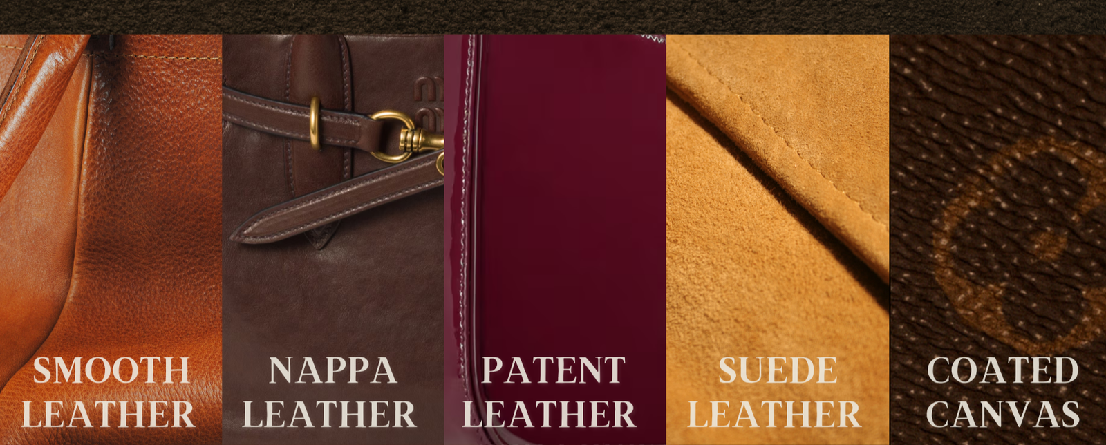 Comparison of common designer handbag materials and leather finishes.
