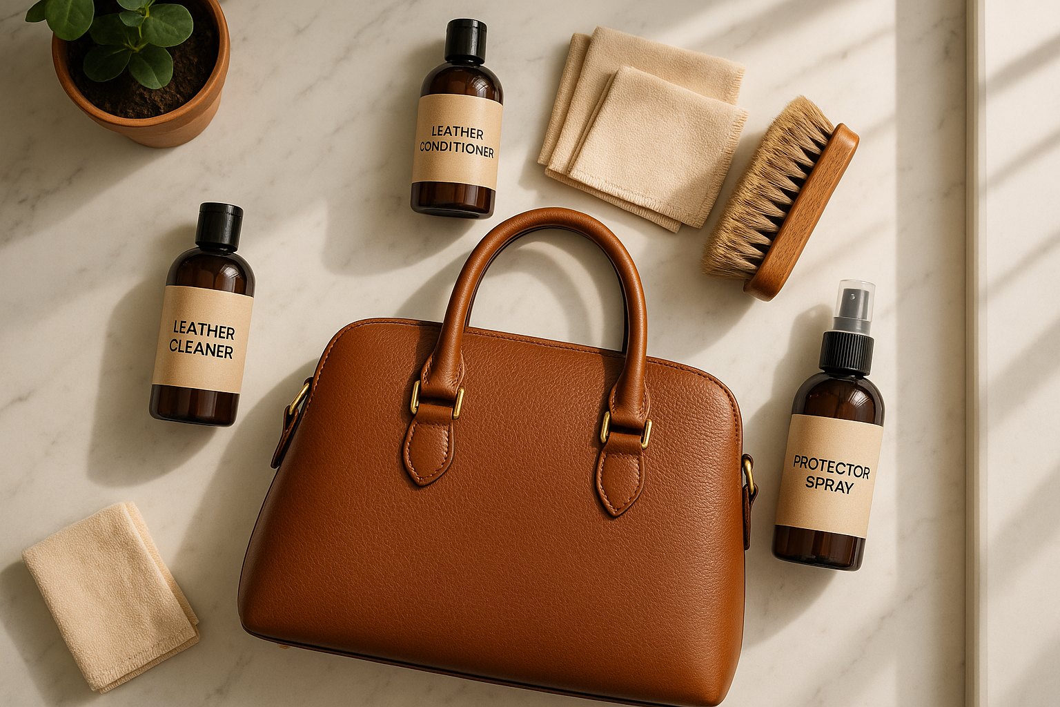 Designer leather handbags displayed with specialist cleaning products and soft cloths.