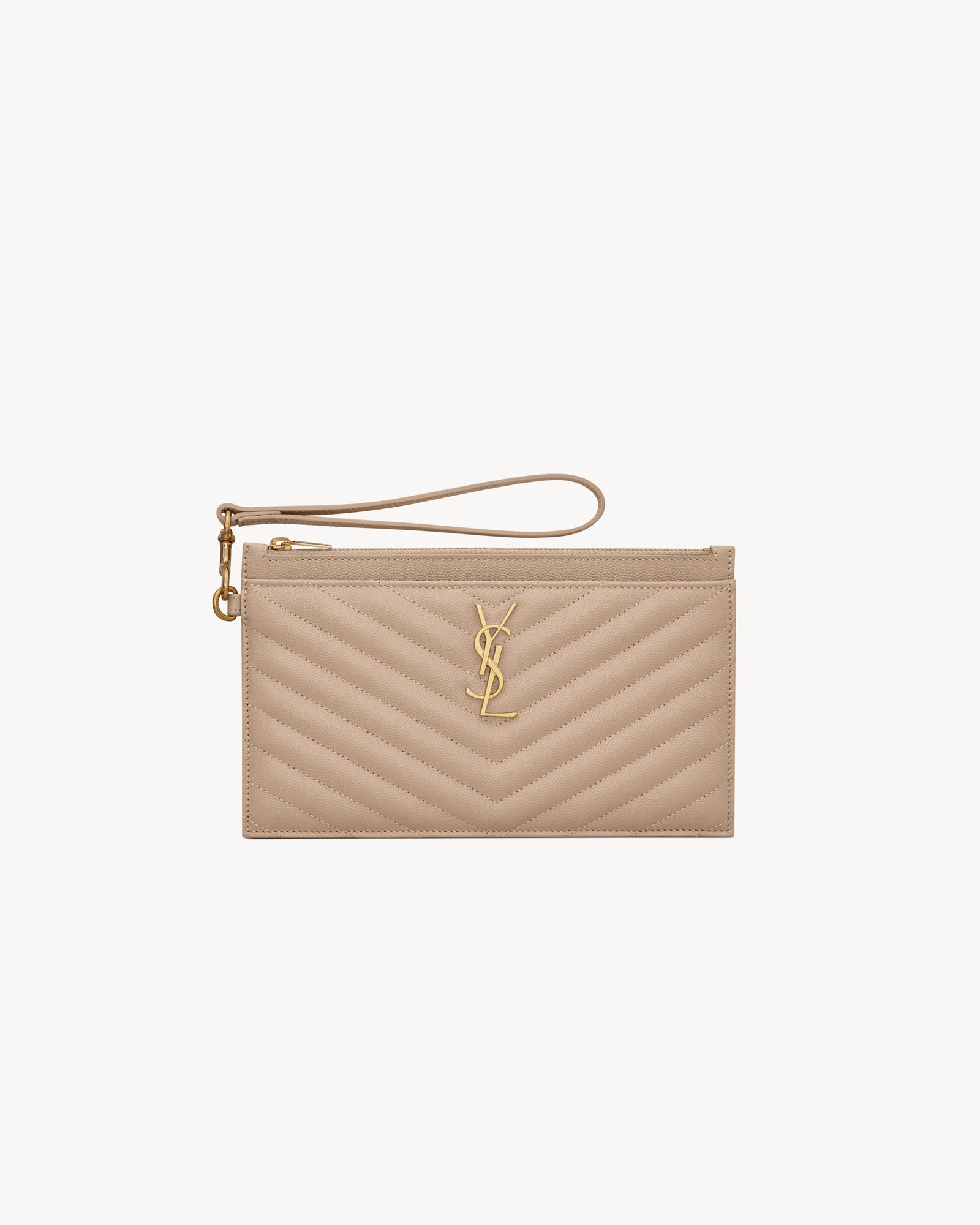 Dark beige Saint Laurent Cassandre Matelassé Large Pouch shown as an alternative to the flap clutch.