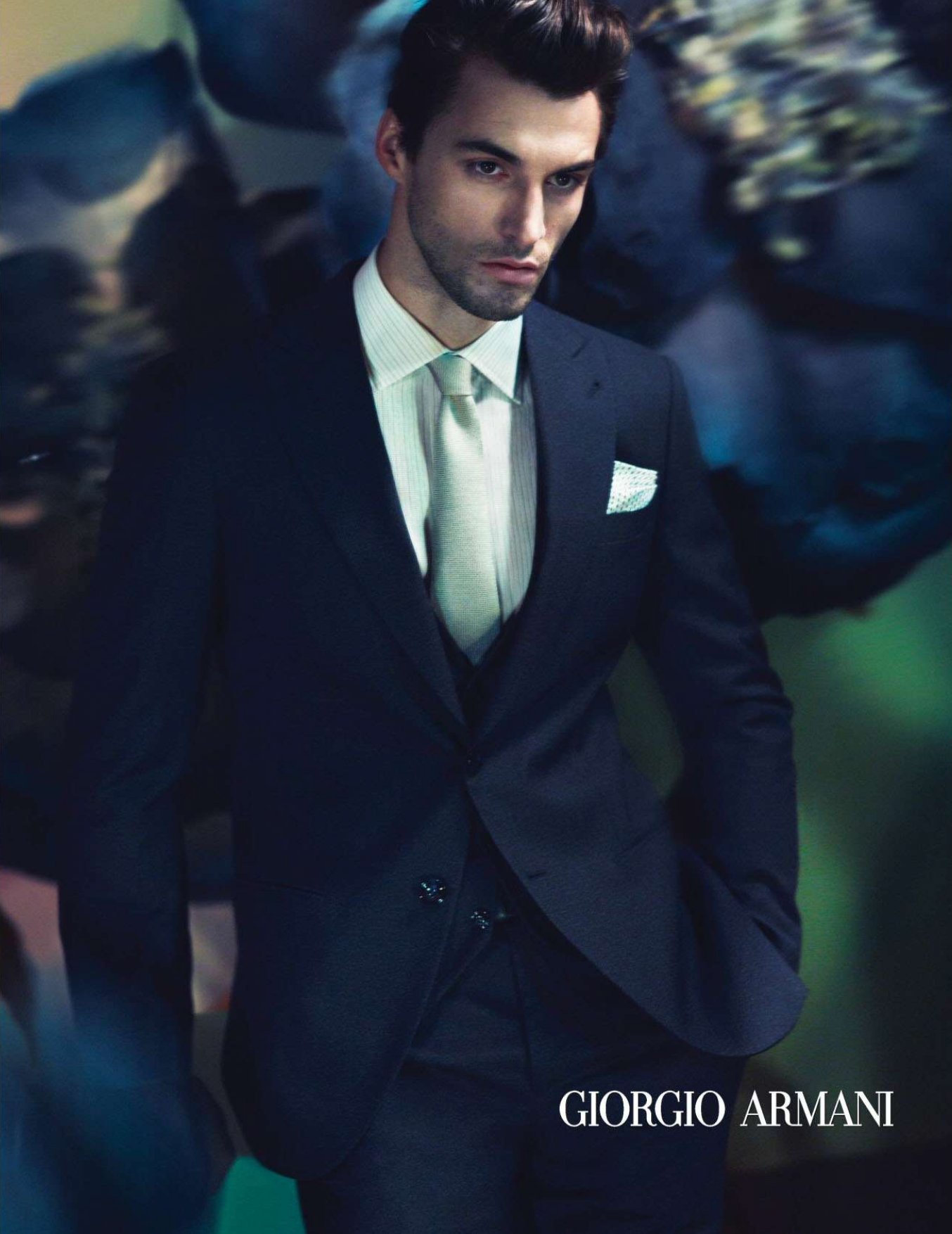 Giorgio Armani suit showing clean shoulder fit and natural drape.