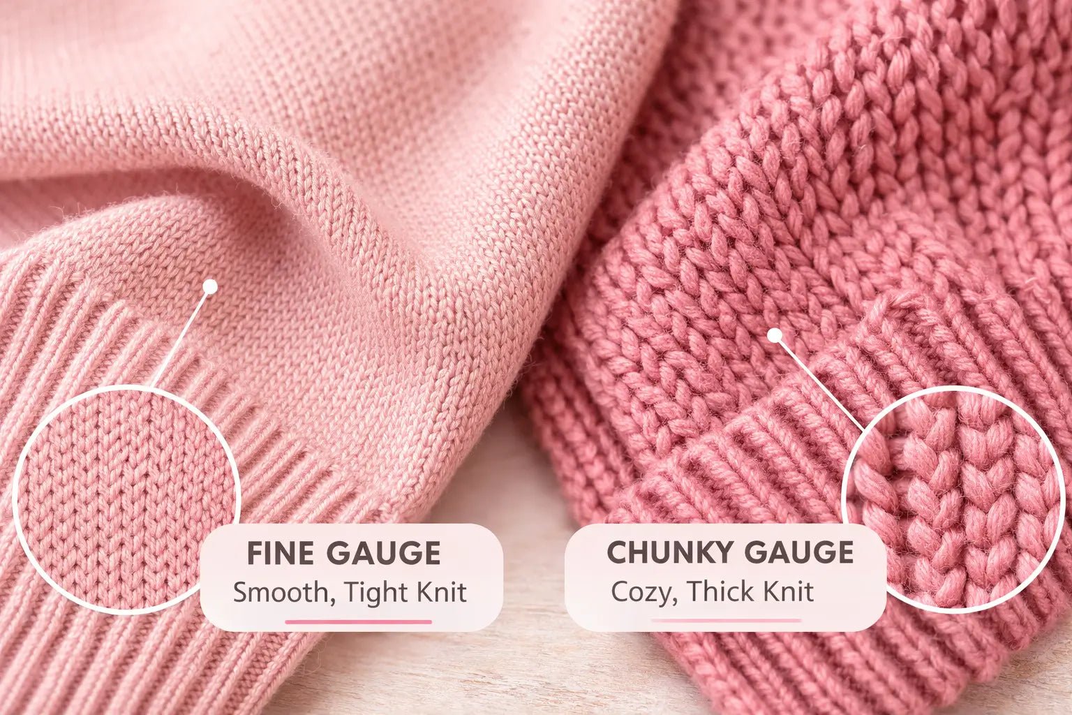 Close-up comparison of fine-gauge and chunky-gauge knit textures