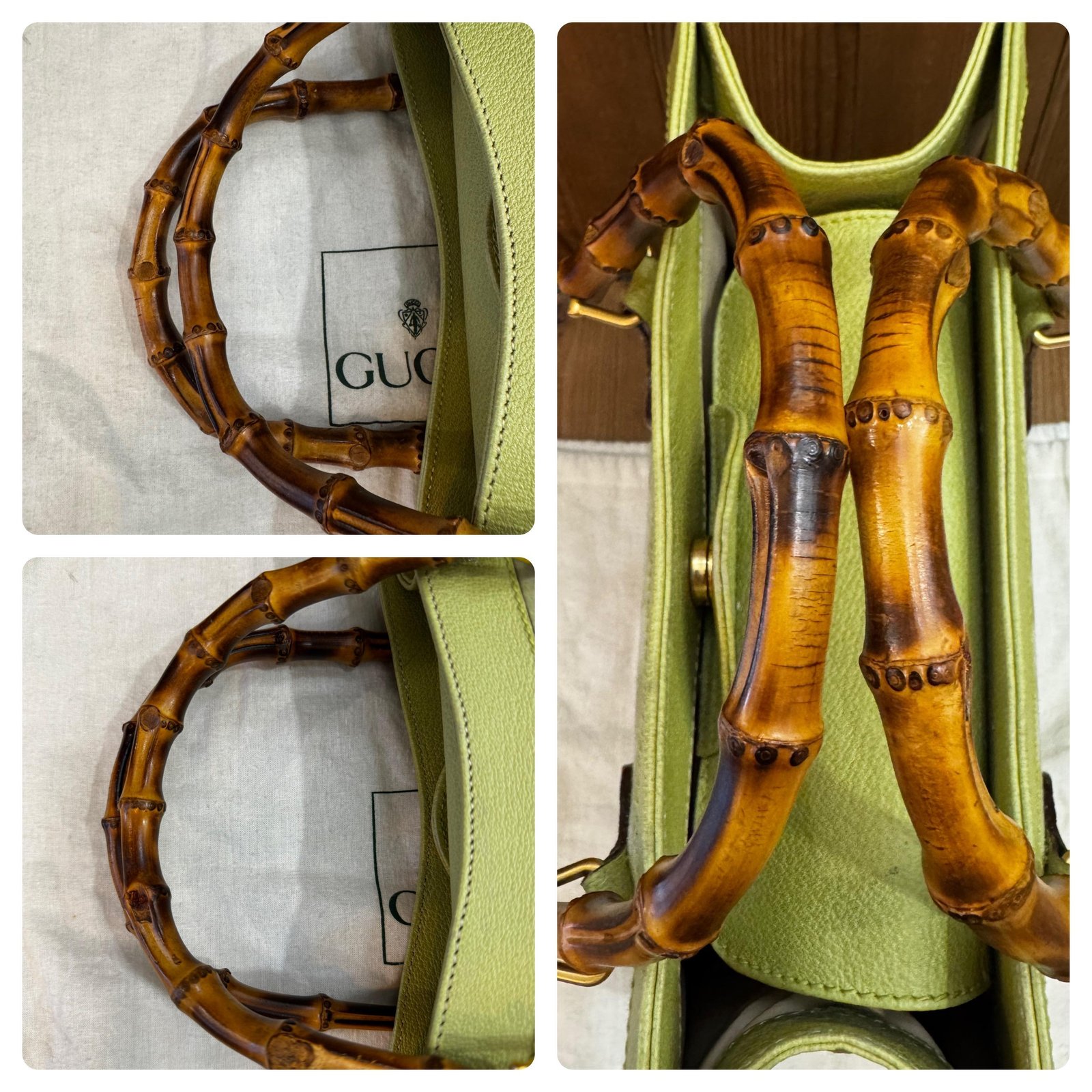 Detailed views of bamboo handles and protective leather belts on Gucci Diana bags.