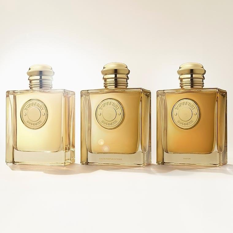 Burberry Goddess fragrance bottles in progressively deeper shades.